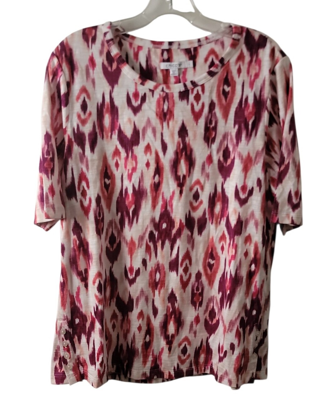 Chico's women's size 2 U.S large ikat print short sleeve top relaxed fit casual